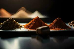 a variety of spices are shown on a black background. AI-Generated photo