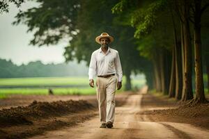 a man in a hat walks down a dirt road. AI-Generated photo