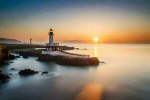 a lighthouse is seen at sunset in the ocean. AI-Generated photo