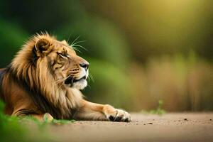 a lion is sitting on the ground in front of a green background. AI-Generated photo