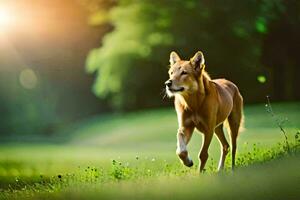 un perro corriendo en el césped a puesta de sol. generado por ai foto