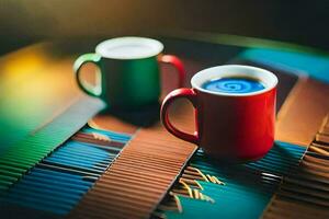 dos café tazas en un mesa con un azul y rojo antecedentes. generado por ai foto