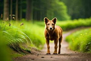 un perro caminando en un suciedad la carretera en el medio de un bosque. generado por ai foto
