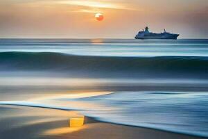 un crucero Embarcacion es visto en el Oceano a puesta de sol. generado por ai foto