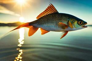 un pescado es volador terminado el agua a puesta de sol. generado por ai foto