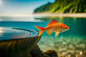 a fish is standing on a rock near the water. AI-Generated photo