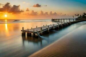 a pier on the beach at sunset. AI-Generated photo