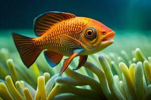 un naranja pescado es nadando en un submarino mar. generado por ai foto