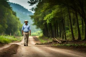 un hombre en un sombrero camina abajo un suciedad la carretera. generado por ai foto