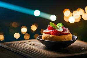 a dessert with strawberries and mint on a wooden table. AI-Generated photo