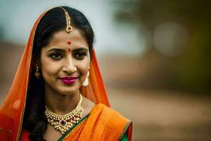 a beautiful indian woman in an orange sari. AI-Generated photo