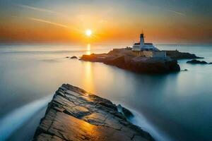 un faro en el Oceano a puesta de sol. generado por ai foto