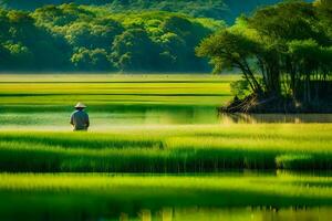 a man in a hat is walking through a field of green grass. AI-Generated photo