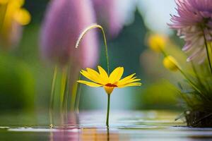 a single yellow flower is standing in the water. AI-Generated photo