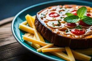 a pizza with cheese and tomatoes on a plate. AI-Generated photo