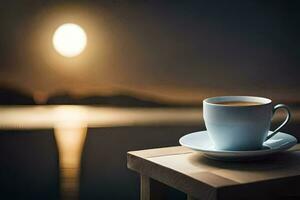 café taza en de madera mesa con Luna en antecedentes. generado por ai foto