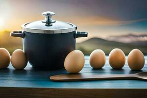 eggs on a table with a pot and spoon. AI-Generated photo