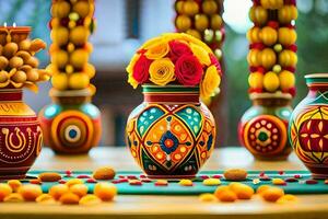 colorful vases with colorful flowers and nuts on a table. AI-Generated photo