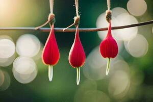 three red flowers hanging from a wire. AI-Generated photo