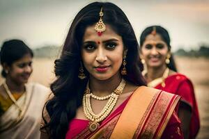 a woman in a red sari with gold jewelry. AI-Generated photo