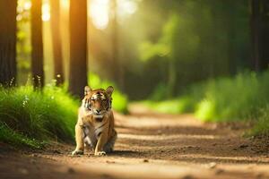 a tiger is walking down a dirt road in the forest. AI-Generated photo