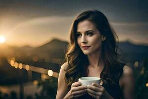 a woman holding a cup of coffee at sunset. AI-Generated photo