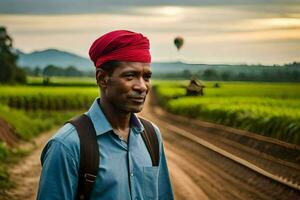 a man in a red turban stands on a dirt road. AI-Generated photo
