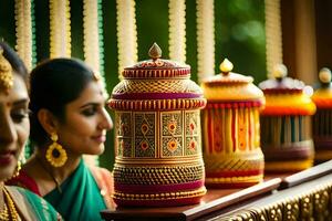 un mujer en tradicional indio atuendo soportes siguiente a un fila de vistoso linternas generado por ai foto