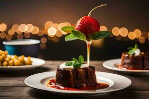 a dessert with a strawberry on top of it. AI-Generated photo