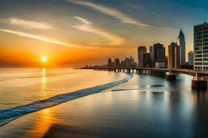 el Dom conjuntos terminado el Oceano y ciudad horizonte. generado por ai foto