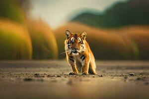 a tiger walking across a field. AI-Generated photo