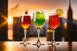 three glasses of different colored drinks on a table. AI-Generated photo