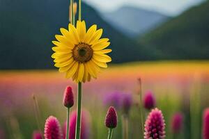 a yellow flower stands out in a field of purple flowers. AI-Generated photo