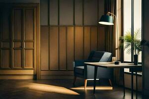 a chair and table in a room with wood paneling. AI-Generated photo