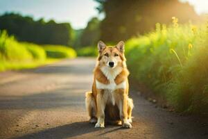 a dog sitting on the road in the middle of a field. AI-Generated photo