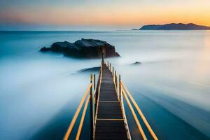 a long exposure photo of a pier in the ocean. AI-Generated