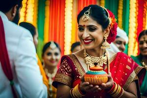 a beautiful indian bride in a red sari. AI-Generated photo