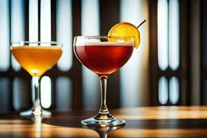 two cocktails sit on a table in front of a window. AI-Generated photo