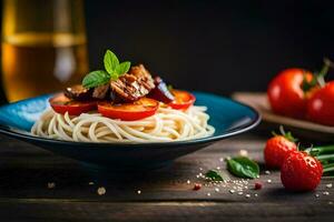 spaghetti with meat and tomatoes in a blue bowl. AI-Generated photo