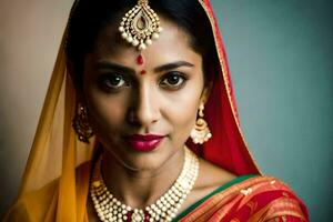 a beautiful indian woman wearing a sari and jewelry. AI-Generated photo