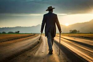 a man in a suit walks down a dirt road. AI-Generated photo