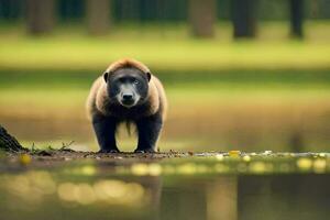 a brown bear standing in front of a pond. AI-Generated photo