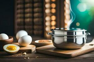 a pot of boiling water with eggs and an egg on a cutting board. AI-Generated photo