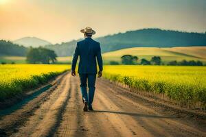 a man in a suit and hat walks down a dirt road. AI-Generated photo