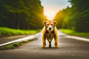 un perro en pie en el la carretera en el medio de el la carretera. generado por ai foto