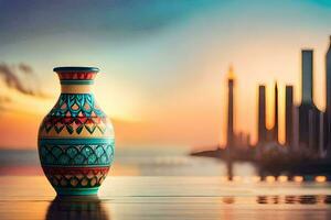 a colorful vase sitting on a table in front of a city skyline. AI-Generated photo