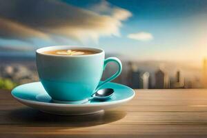 coffee cup on the table with cityscape in the background. AI-Generated photo