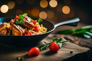 a bowl of pasta with meat and vegetables in it. AI-Generated photo