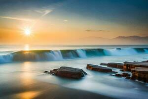 the sun rises over the ocean and waves crashing into rocks. AI-Generated photo
