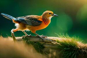 un pequeño naranja pájaro es en pie en un registro. generado por ai foto